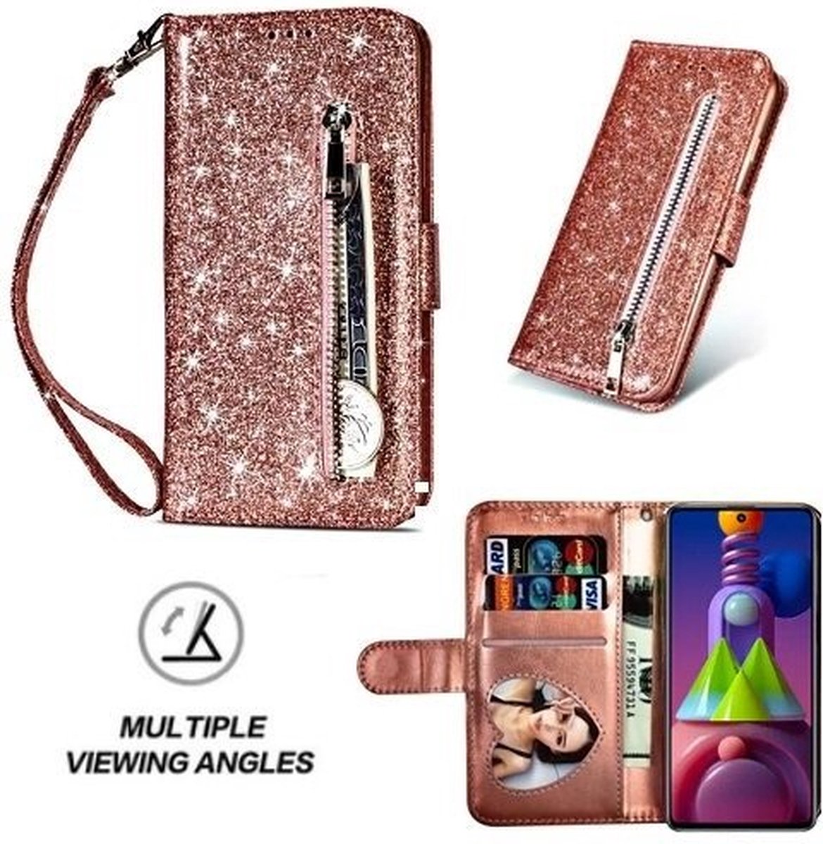 Samsung M51 Glitter Hoesje Met Pasjeshouder Bookcase Rose Goud