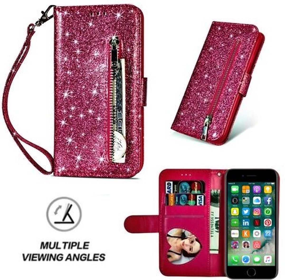 iPhone 7 Glitter Hoesje Met Pasjeshouder Bookcase Roze