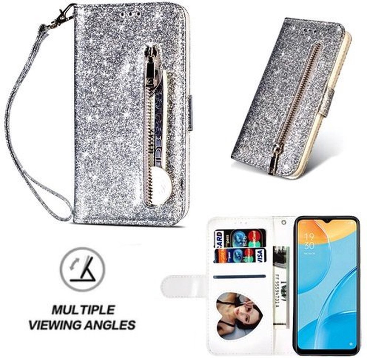 Oppo A15 Glitter Hoesje Met Pasjeshouder Bookcase Zilver