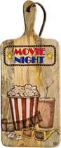 Mangohouten serveerplank voor gezellige filmavond, movie night, brandschildering in combinatie met kleur. 35x20 cm, 47 inclusief handvat. Serveerplank, tapasplank, borrelplank