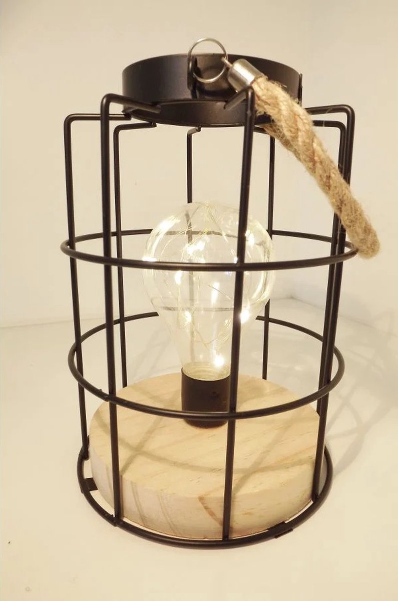 Decoratieve LED tafellamp zwart draadstaal op houten voet