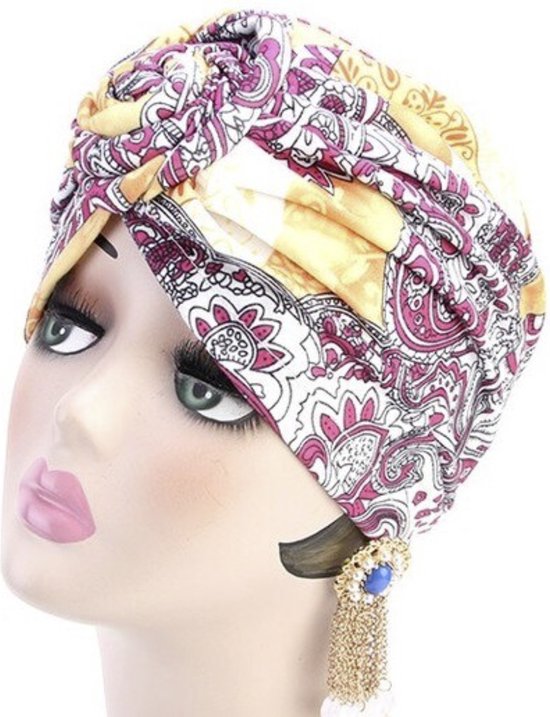 Cabantis Indische - Arabische - Hoofddeksel - Indisch - Tulband - Muts - Hijab - Roze met wit en Gele accenten