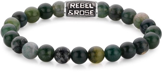 Groene en grijze kralenarmband met zilverkleurige "REBEL & ROSE" sluiting.