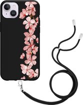 iPhone 14 Plus Hoesje met Koord Zwart Flower Branch - Designed by Cazy