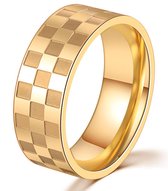 Heren Ring Goud kleurig met Ruitjes Patroon - Staal - Ringen - Cadeau voor Man - Mannen Cadeautjes