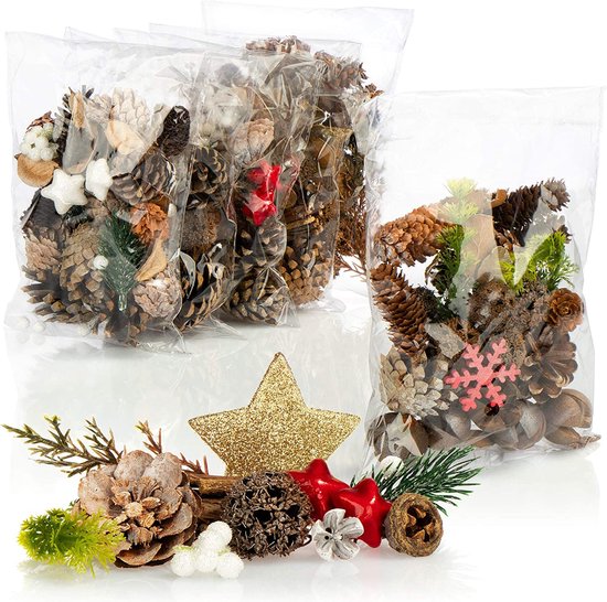 6 x Décoration de Noël en sachet avec cônes, étoiles et branches, décoration  à