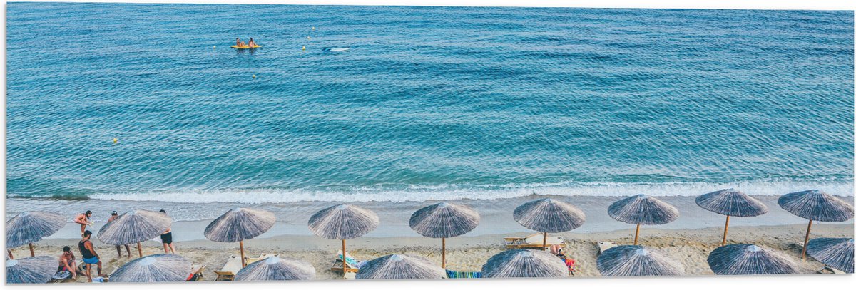 Vlag - Rieten Parasols met Ligbedjes op het Strand - 90x30 cm Foto op Polyester Vlag
