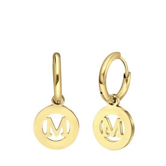 Lucardi Dames Goldplated oorbellen met letter - M - Oorbellen - Cadeau - Moederdag - Staal - Goudkleurig