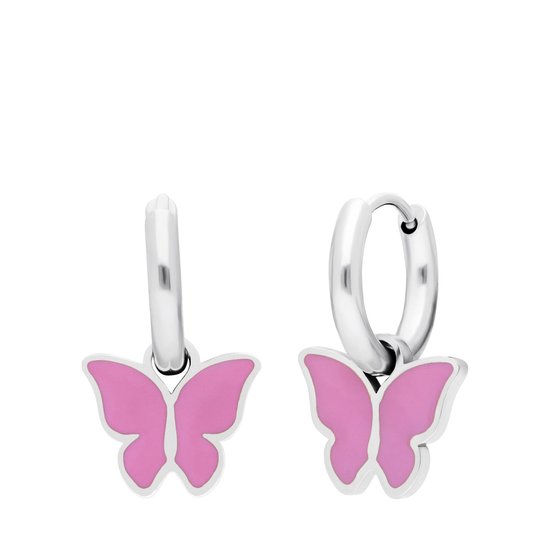 Lucardi Kinder Stalen oorbellen met vlinder roze - Oorbellen - Staal - Zilverkleurig