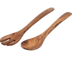 Bowls and Dishes Pure Olive Wood olijfhouten Slacouvert | Saladebestek | Olijfhout | Opscheplepels 3-tand (35 cm) | cadeautip!