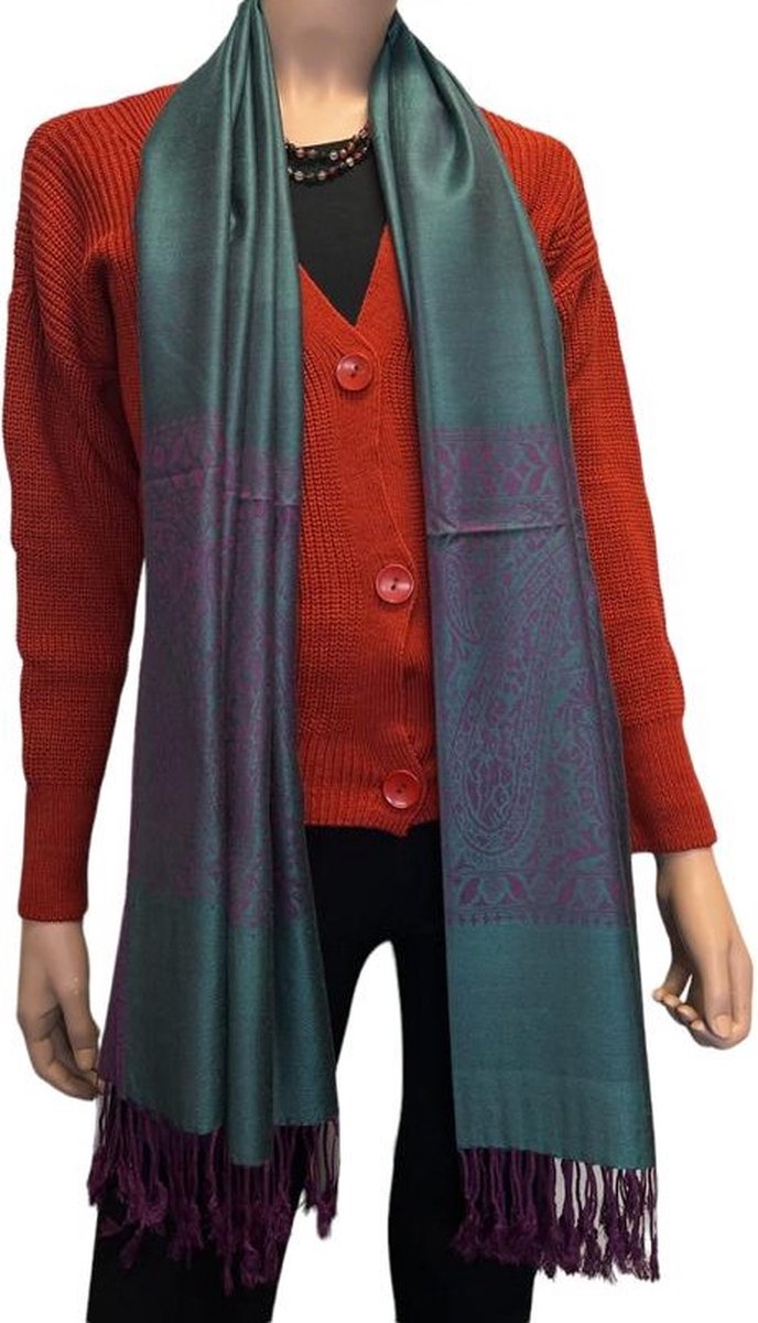 Sjaal- Pashmina Sjaal- Fijn geweven trendy Sjaal- Tweezijdige omslagdoek 217/6- Groen met paars details
