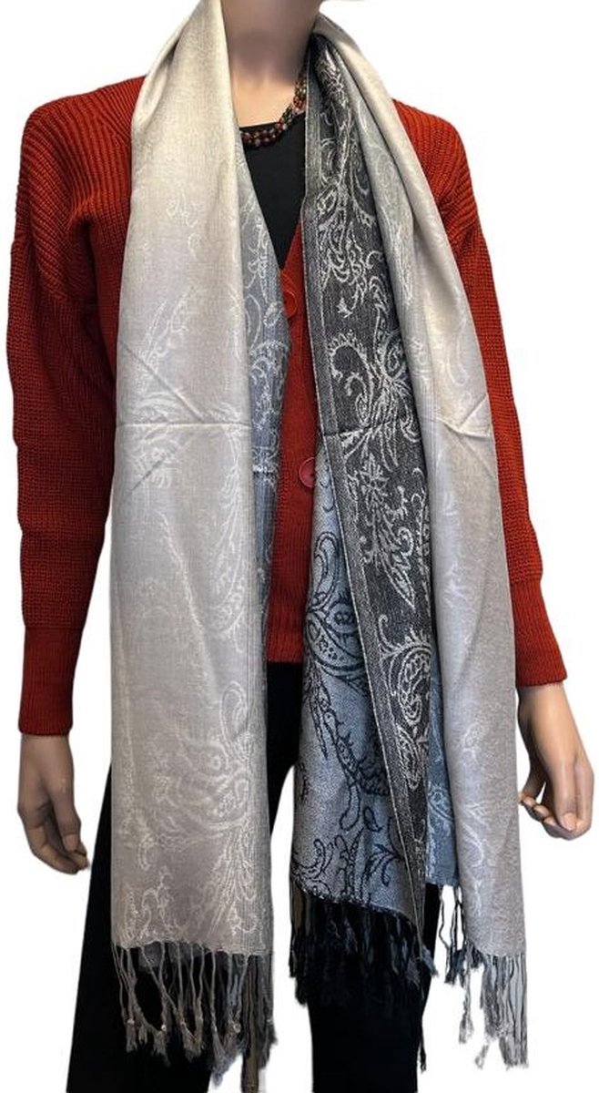 Sjaal- Pashmina Sjaal- Fijn geweven trendy Sjaal- Tweezijdige omslagdoek 212/2- Crème met zwart details