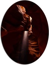 WallClassics - Dibond Ovaal - Ravijn Upper Antelope Canyon met Zonlicht - 51x68 cm Foto op Ovaal (Met Ophangsysteem)