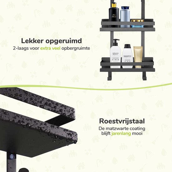 Zwart 2-laags doucherek met badkamerproducten en waterdruppels. Beschrijving van roestvrij staal met matzwarte coating.