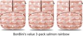 Couches BonBini - pack de 3 couches lavables saumon arc-en-ciel 3-15 kg - couches culottes - double prévention anti-crevaison - boutons pressions et réglables taille S, M, L couche lavable taille 1 à 5