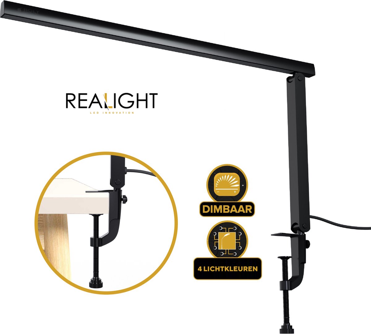 Realight dimbare bureaulamp – Krachtige LED Lamp met 4 Lichtkleuren – Gemakkelijk te bevestigen op bureaus tot 6 cm dik – 360° Rotatie – LED lichten – Licht aluminium – 8 Watt - Zwart