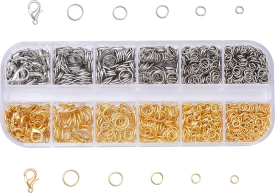 Doosje met goudplated en RVS open springringetjes, variërend van 4 t/m