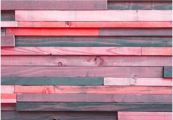 Houtstructuur met planken in roze, rood en groen.