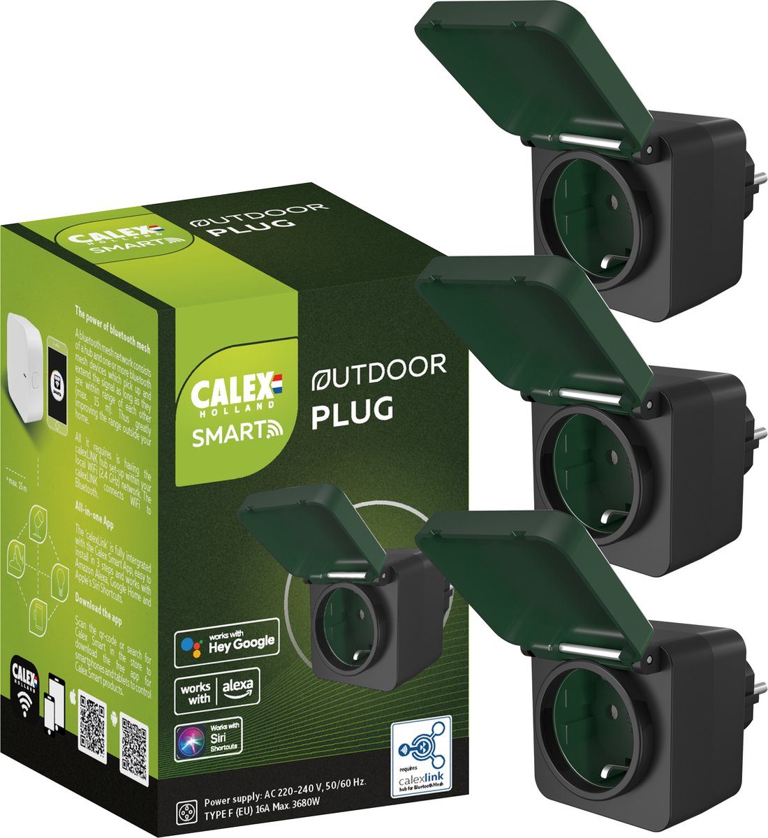 Calex Slimme Buiten Stekker - Set van 3 stuks - Smart Outdoor Plug EU - Inclusief Hub - Zwart