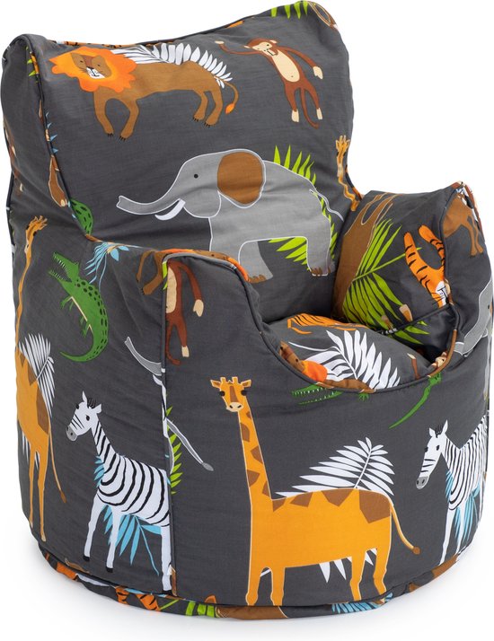 Grijze zitzak met dierenprint van giraffen, zebra's, leeuwen en olifanten, met armleuningen.