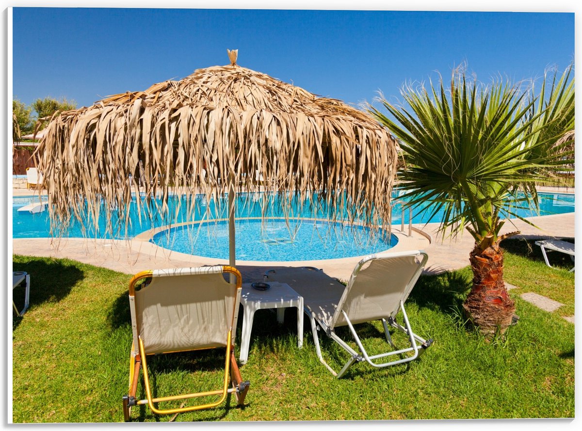 PVC Schuimplaat- Parasol van Riet bij het Zwembad - 40x30 cm Foto op PVC Schuimplaat