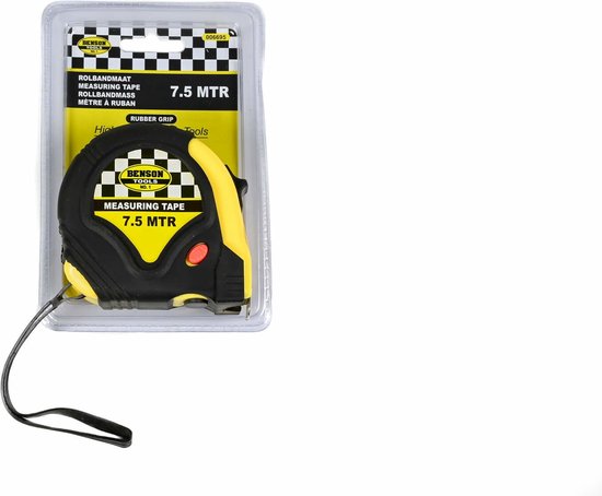 Benson meetlint 7.5M in plastic verpakking. De rol is geel en zwart met 'Rubber Grip'.