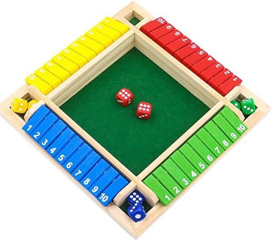 Thumbnail van een extra afbeelding van het spel Shut The Box - 4 Spelers - Kleur - Hout - Dobbelspel - Inclusief dobbelstenen - Kansspel - Drankspel - Houten Spel - Reisspel - Rekenspel