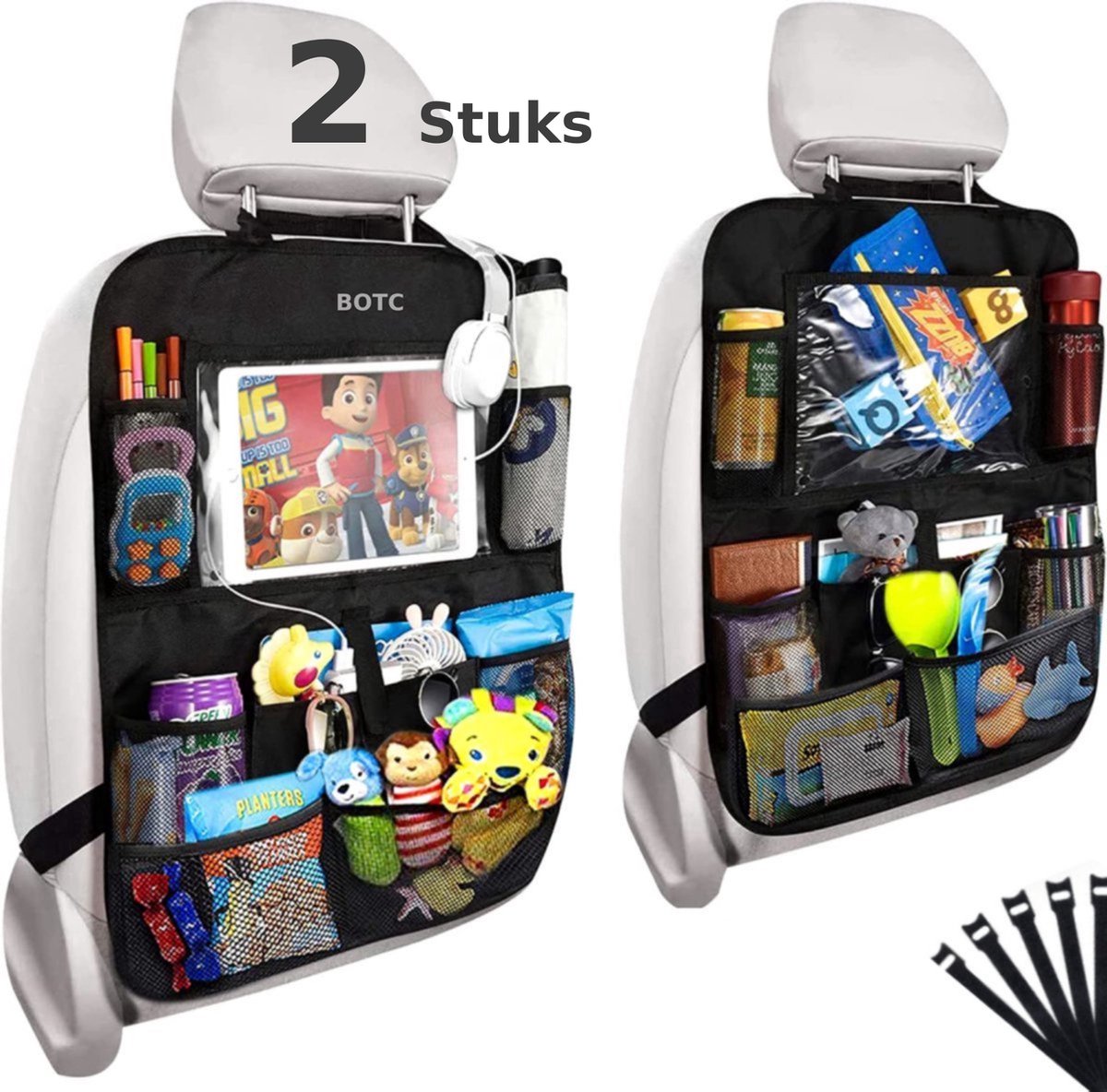 BOTC Autostoel Organizer met Tablet Houder - Set van 2 - luxe & stevige autostoel organizer met tablet houder - Auto stoel organiser - 10 Storage Pockets - Zwart - BOTC