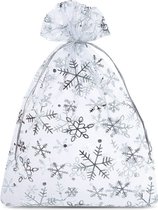 Kerst zakjes Organza - 18 x 24 cm - 10 stuk - Zilveren Sneeuwvlokken - Kerstverpakking Kerstdecoratie Kerstversiering