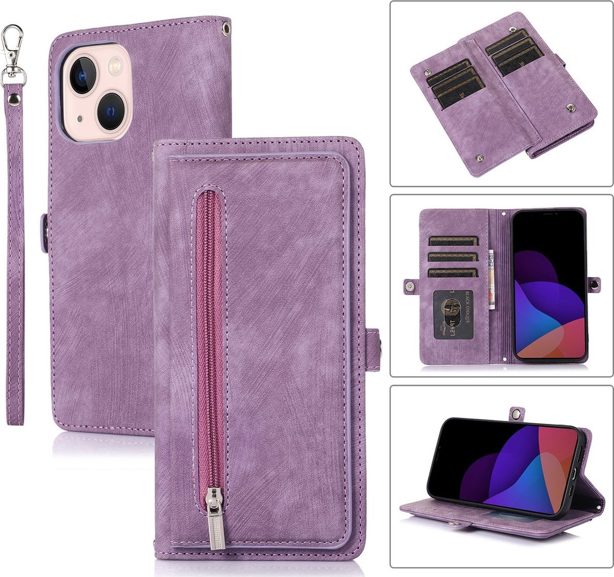 Mobigear Telefoonhoesje geschikt voor Apple iPhone 14 Hoesje | Mobigear Zipper Bookcase Portemonnee | Pasjeshouder voor 3 Pasjes | Telefoonhoesje voor Pinpas / OV Kaart / Rijbewijs - Paars