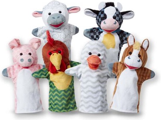 Foto: Melissa doug barn buddies handpoppen set van 6 koe schaap paard eend kip varken 