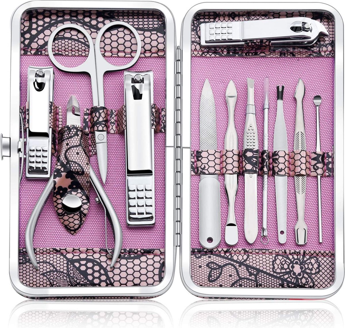 Manicureset Professionele roestvrijstalen nagelknipper-set - Nagelgereedschap van hoge kwaliteit Pedicure-set van 12 stuks - Reis- en verzorgingsset met luxe koffer (roze)