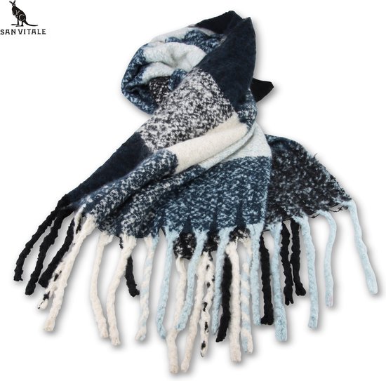 San Vitale® - 1.6 Luxe Winter Sjaal - Winter - Wol Mix - Omslagdoek - Geblokt - Grijs/Blauw/Zwart
