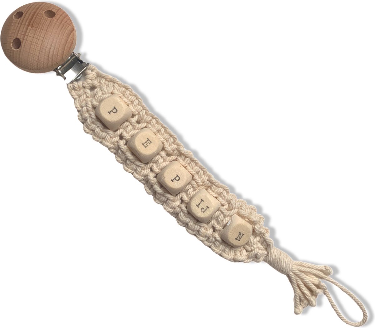 Goedkoopste Gepersonaliseerd Speenkoord 'Explore' - Wit/Naturel Macramé - Katoen - Macramé - Handgemaakt in Nederland - Inclusief Verzendkosten - Prijs per Stuk