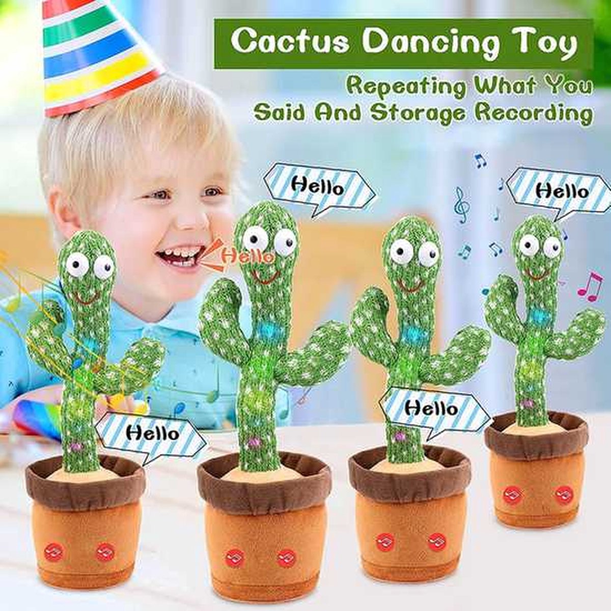 Dancing Cactus Peluche Toy Chant et enregistrement pour apprendre à parler  Led Light Rechargeable Cadeau pour enfants
