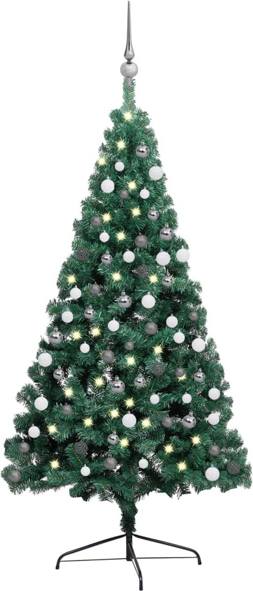 Prolenta Premium - Kunstkerstboom met LED's en kerstballen half 180 cm groen