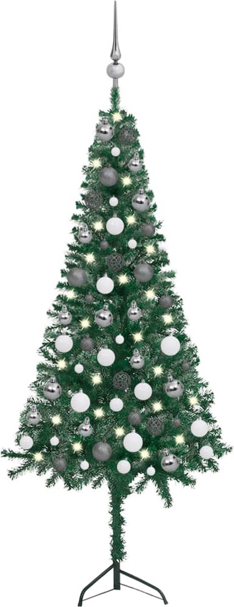 Prolenta Premium - Kunstkerstboom met LED's en kerstballen hoek 120 cm PVC groen