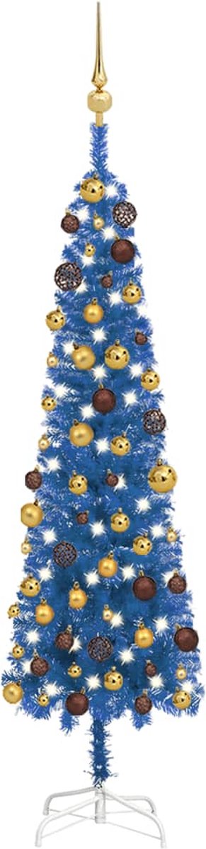 Prolenta Premium - Kerstboom met LED's en kerstballen smal 150 cm blauw