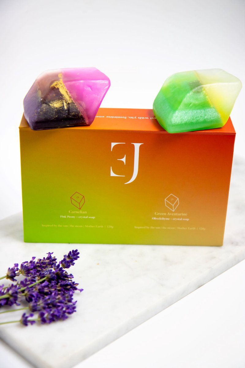 ExcluJess - crystalsoap giftset - carnelian & green aventurine - pink peony - olive&thyme
