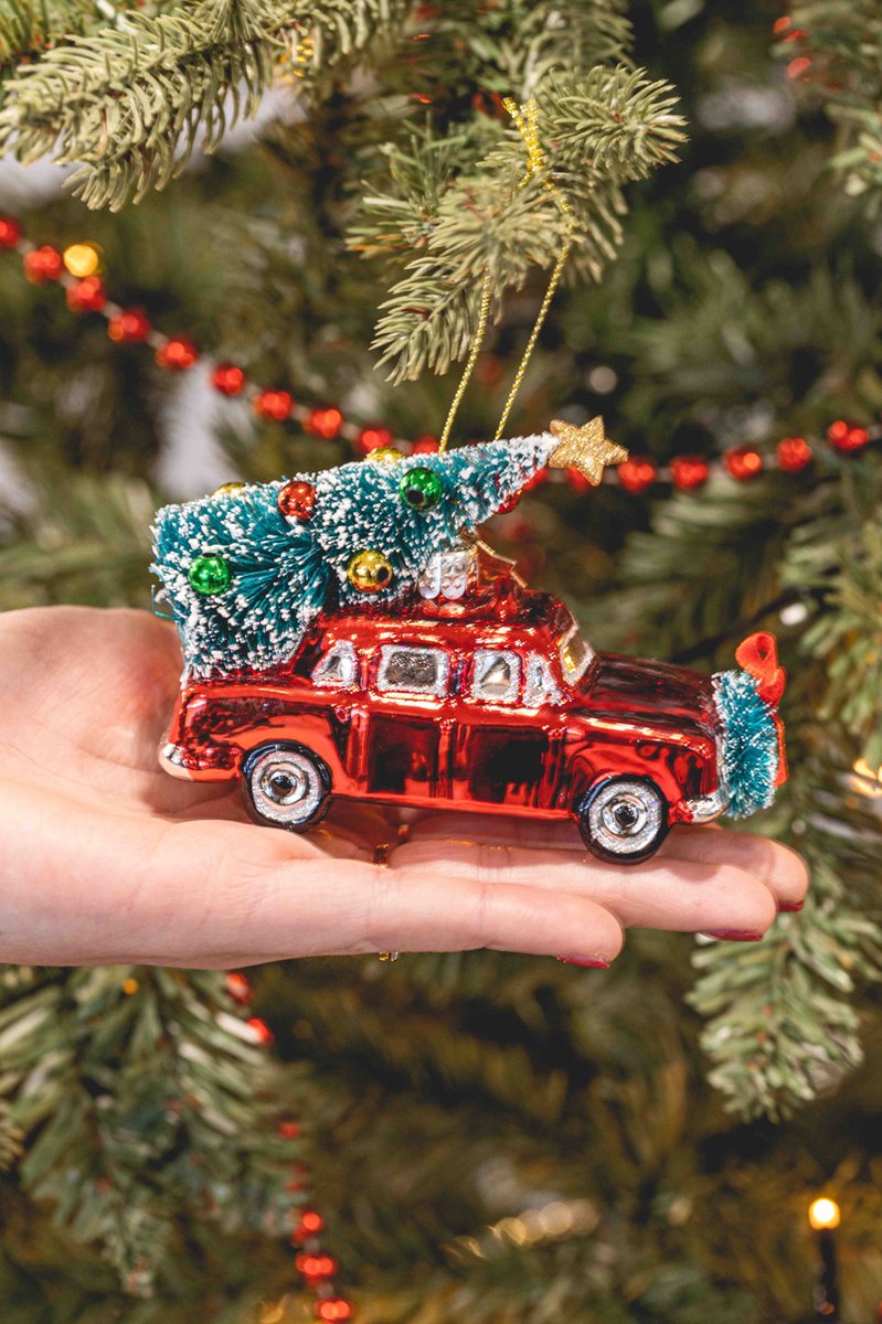 Voiture de course rouge décoration Noël verre soufflé pour sapin