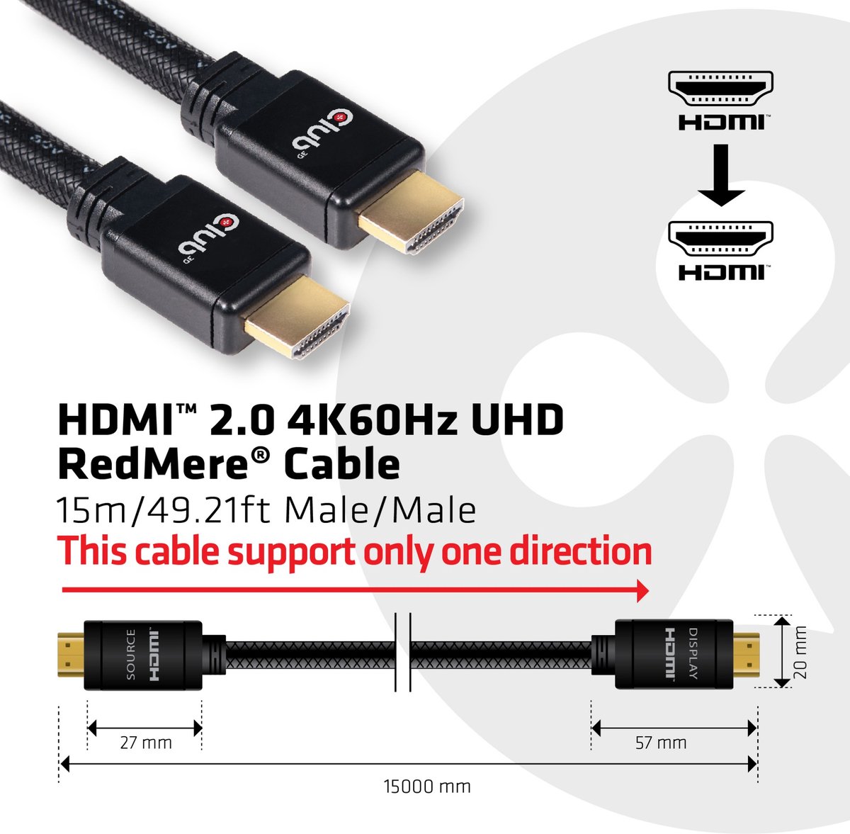 club3D HDMI Aansluitkabel 15.00 m CAC-2314 Vlambestendig Zwart [1x HDMI-stekker - 1x HDMI-stekker]