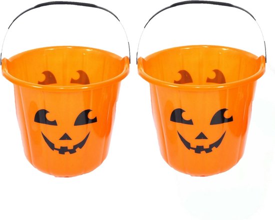 Halloween - pompoen - emmers - 2x - kunststof - oranje - 16 x 18 cm
