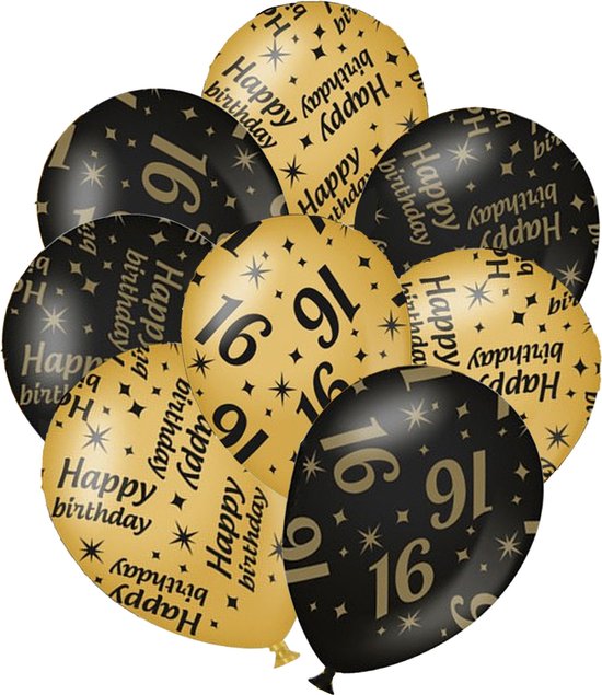 Verjaardag ballonnen - 16 jaar en happy birthday 12x stuks zwart/goud