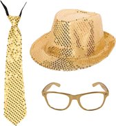 Gouden verkleed set - hoedje stropdas en feestbril