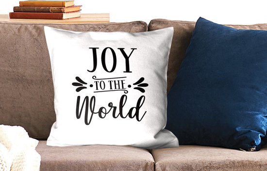 Sierkussen Noël Citations de Noël pour l'intérieur - Citation de Noël Joy au monde sur fond blanc - 50x50 cm - Coussin intérieur carré en coton