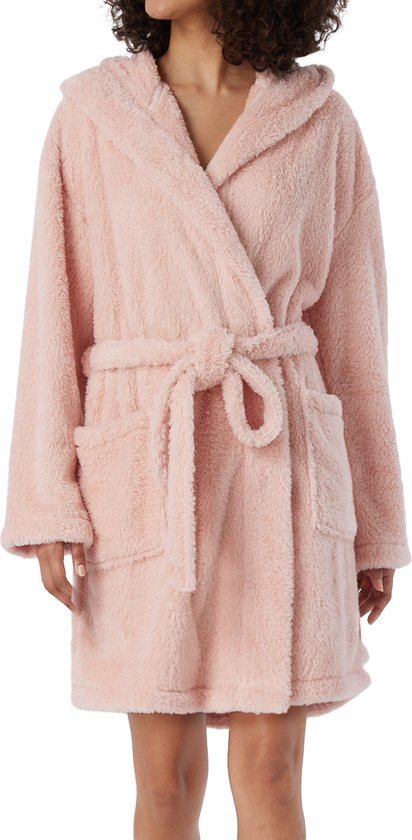 SCHIESSER Essentials badjas - dames kamerjas teddy fleece comfort fit roze - Maat: XL