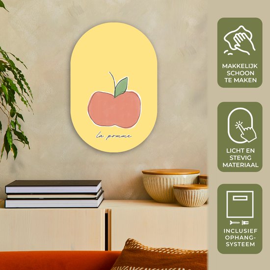Ovale mural - Décoration murale en plastique - Tableau ovale - Pomme - Fruit - Texte - 40x60 cm - Forme miroir ovale sur plastique