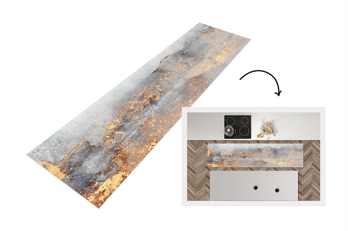 KitchenYeah Keukenloper - Loper keuken - Mist - Goud - Abstract - Keukenloper vinyl, foto 4