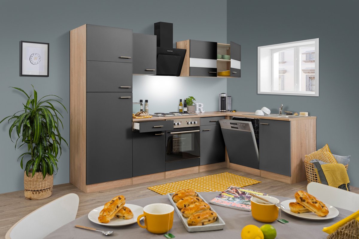 Hoekkeuken 280 cm - complete keuken met apparatuur Merle - Eiken/Grijs - soft close - elektrische kookplaat - vaatwasser - afzuigkap - oven - spoelbak