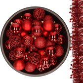 Decoris Kerstballen - 37x stuks - 6 cm - met 2x st kerstslingers - rood - kunststof
